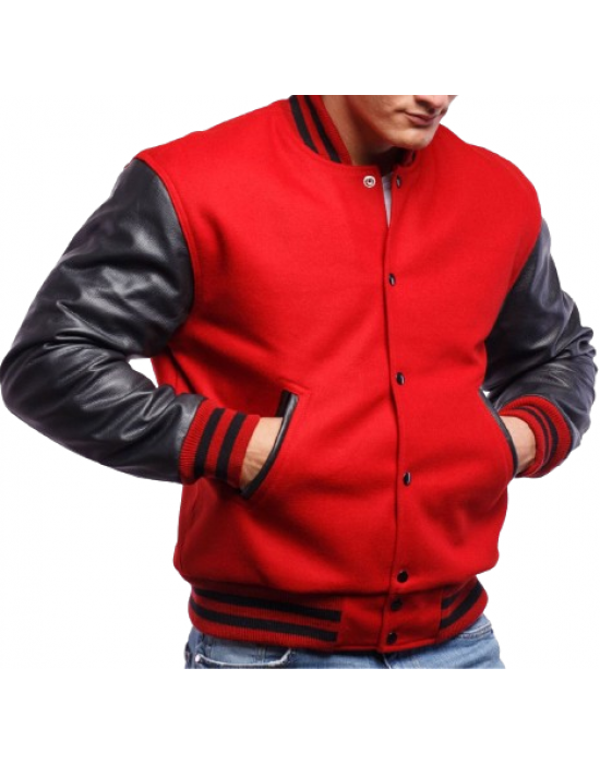 Scarlet Red Wool & Black Leather Varsity Letterman Jacket