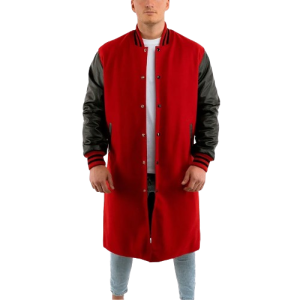 Scarlet Wool Body & Black Leather Sleeves Letterman Coat