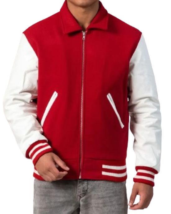 Scarlet Wool Body & White Leather Sleeves Letterman Jacket With Byron Collar Scarlet Wool Body & White Leather Sleeves Letterman Jacket With Byron Collar