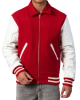 Scarlet Wool Body & White Leather Sleeves Letterman Jacket With Byron Collar Scarlet Wool Body & White Leather Sleeves Letterman Jacket With Byron Collar