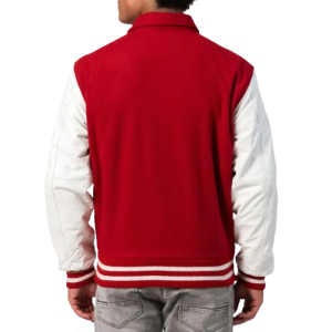 Scarlet Wool Body & White Leather Sleeves Letterman Jacket With Byron Collar
