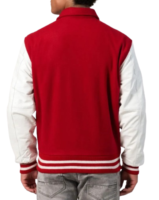 Scarlet Wool Body & White Leather Sleeves Letterman Jacket With Byron Collar Scarlet Wool Body & White Leather Sleeves Letterman Jacket With Byron Collar