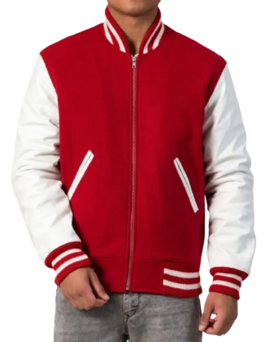 Scarlet Wool Body & White Leather Sleeves Letterman Jacket With Zipper Scarlet Wool Body & White Leather Sleeves Letterman Jacket With Zipper