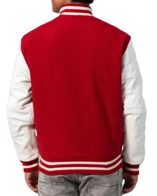 Scarlet Wool Body & White Leather Sleeves Letterman Jacket With Zipper Scarlet Wool Body & White Leather Sleeves Letterman Jacket With Zipper