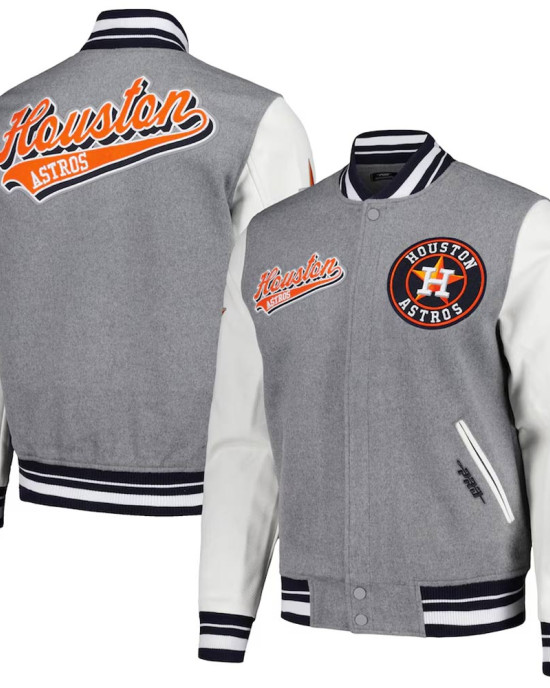 Script Tail Houston Astros Heather Gray and White Varsity Jacket Script Tail Houston Astros Heather Gray and White Varsity Jacket
