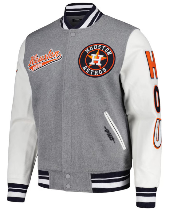 Script Tail Houston Astros Heather Gray and White Varsity Jacket Script Tail Houston Astros Heather Gray and White Varsity Jacket