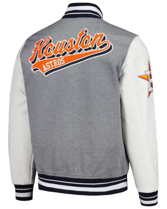 Script Tail Houston Astros Heather Gray and White Varsity Jacket Script Tail Houston Astros Heather Gray and White Varsity Jacket