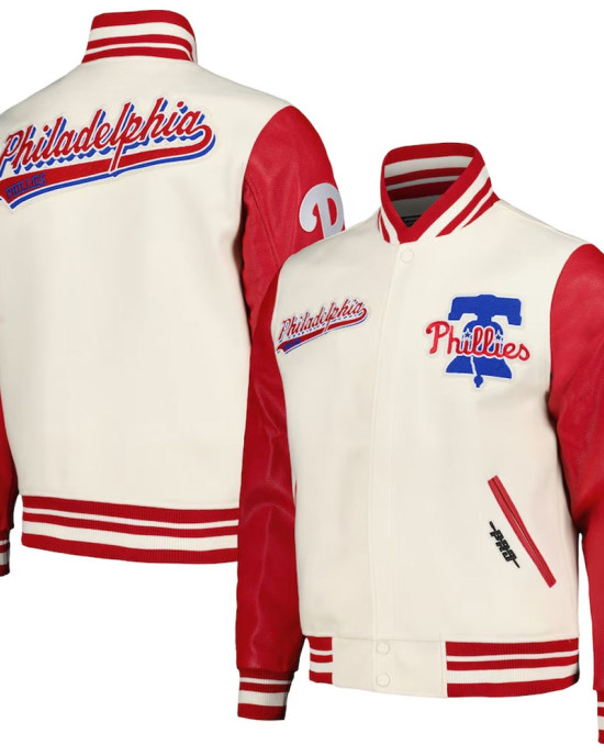 Script Tail Philadelphia Phillies Cream and Red Varsity Jacket Script Tail Philadelphia Phillies Cream and Red Varsity Jacket