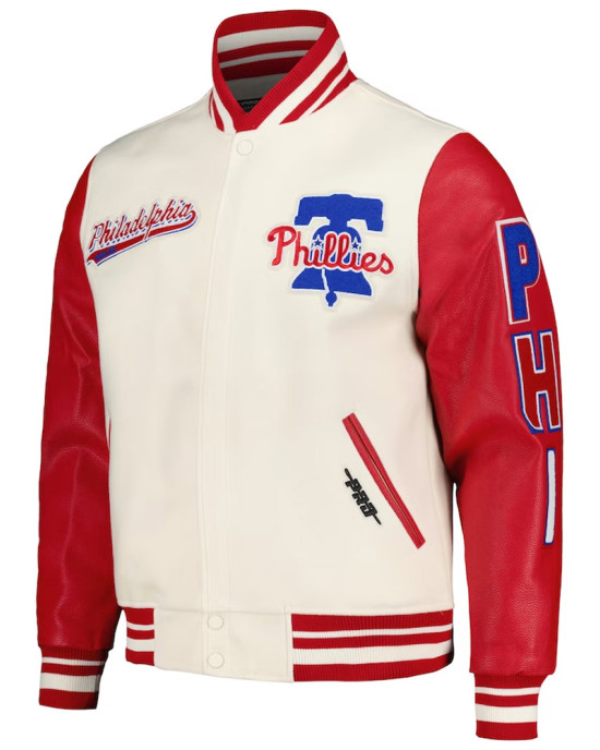 Script Tail Philadelphia Phillies Cream and Red Varsity Jacket Script Tail Philadelphia Phillies Cream and Red Varsity Jacket