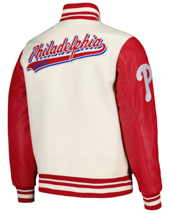 Script Tail Philadelphia Phillies Cream and Red Varsity Jacket Script Tail Philadelphia Phillies Cream and Red Varsity Jacket