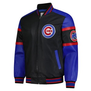 Striped Chicago Cubs Varsity Black and Blue Full-Zip Leather Jacket