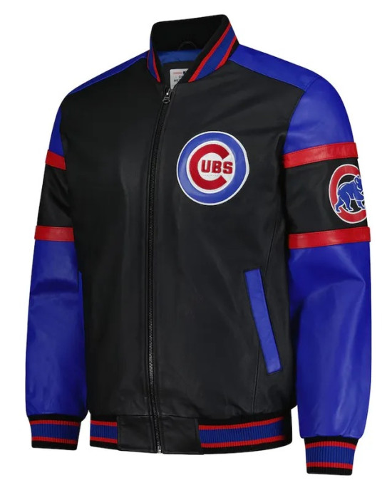 Striped Chicago Cubs Varsity Black and Blue Full-Zip Leather Jacket Striped Chicago Cubs Varsity Black and Blue Full-Zip Leather Jacket