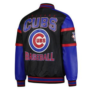 Striped Chicago Cubs Varsity Black and Blue Full-Zip Leather Jacket