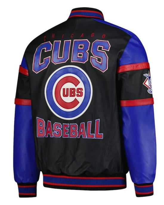 Striped Chicago Cubs Varsity Black and Blue Full-Zip Leather Jacket Striped Chicago Cubs Varsity Black and Blue Full-Zip Leather Jacket