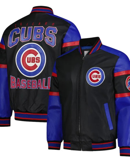 Striped Chicago Cubs Varsity Black and Blue Full-Zip Leather Jacket Striped Chicago Cubs Varsity Black and Blue Full-Zip Leather Jacket