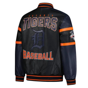 Striped Detroit Tigers Varsity Black and Navy Full-Zip Leather Jacket