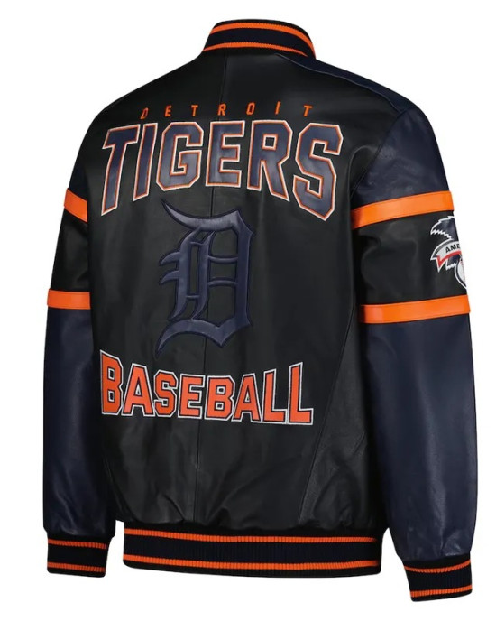 Striped Detroit Tigers Varsity Black and Navy Full-Zip Leather Jacket Striped Detroit Tigers Varsity Black and Navy Full-Zip Leather Jacket