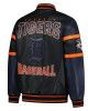 Striped Detroit Tigers Varsity Black and Navy Full-Zip Leather Jacket Striped Detroit Tigers Varsity Black and Navy Full-Zip Leather Jacket