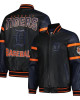 Striped Detroit Tigers Varsity Black and Navy Full-Zip Leather Jacket Striped Detroit Tigers Varsity Black and Navy Full-Zip Leather Jacket