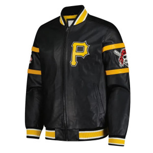 Striped Pittsburgh Pirates Varsity Full-Zip Black Leather Jacket