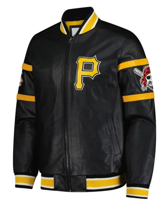 Striped Pittsburgh Pirates Varsity Full-Zip Black Leather Jacket Striped Pittsburgh Pirates Varsity Full-Zip Black Leather Jacket