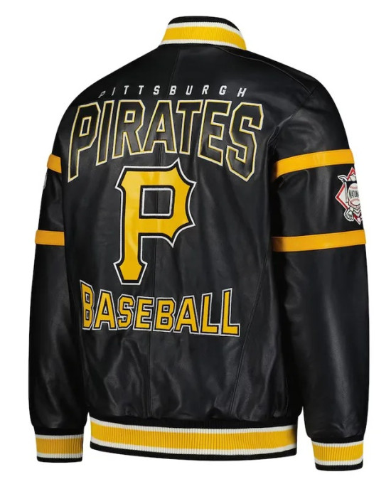 Striped Pittsburgh Pirates Varsity Full-Zip Black Leather Jacket Striped Pittsburgh Pirates Varsity Full-Zip Black Leather Jacket