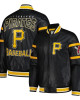 Striped Pittsburgh Pirates Varsity Full-Zip Black Leather Jacket Striped Pittsburgh Pirates Varsity Full-Zip Black Leather Jacket