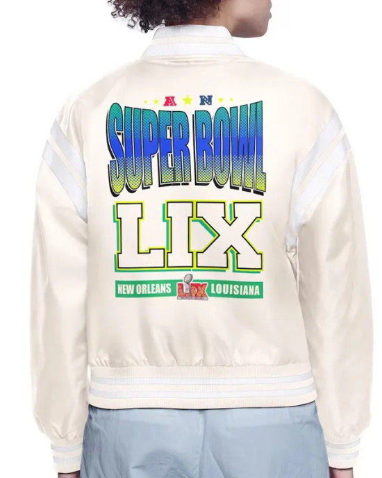 Super Bowl LIX Cream Varsity Satin Jacket Super Bowl LIX Cream Varsity Satin Jacket