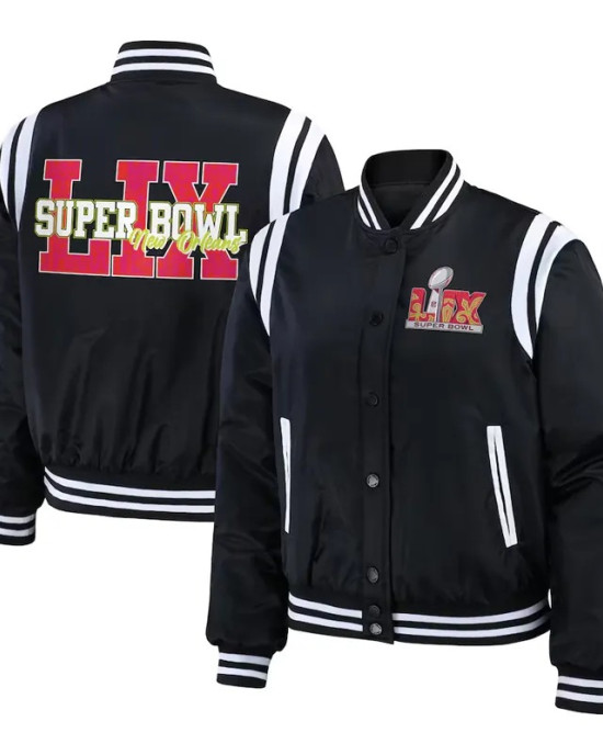 Super Bowl LIX Full-Snap Varsity Black Bomber Jacket