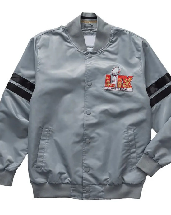 Super Bowl LIX Gray Varsity Satin Jacket Super Bowl LIX Gray Varsity Satin Jacket