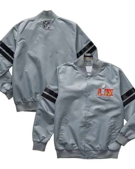 Super Bowl LIX Gray Varsity Satin Jacket Super Bowl LIX Gray Varsity Satin Jacket