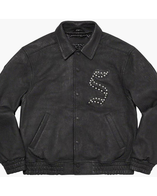 Supreme Pebbled Varsity Black Leather Jacket
