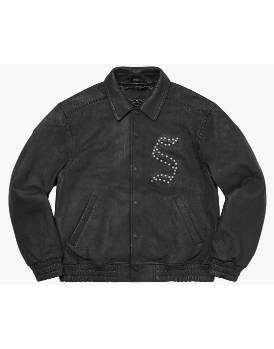 Supreme Pebbled Varsity Black Leather Jacket