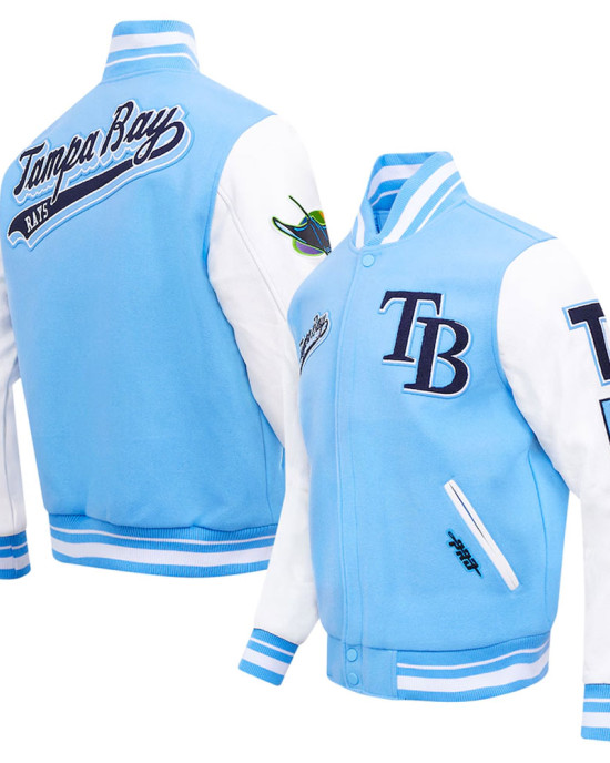 Tampa Bay Rays Script Light Blue Varsity Jacket Tampa Bay Rays Script Light Blue Varsity Jacket