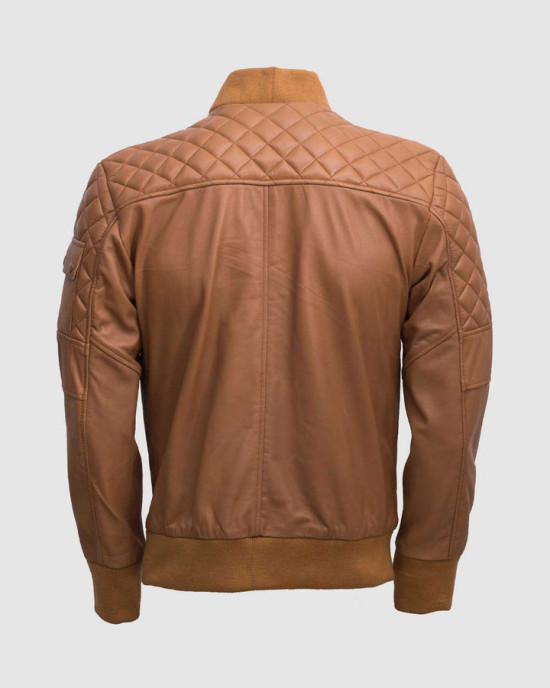 Tan Quilted Bomber Leather Jacket for Men - Abbronzatura Tan Quilted Bomber Leather Jacket for Men - Abbronzatura