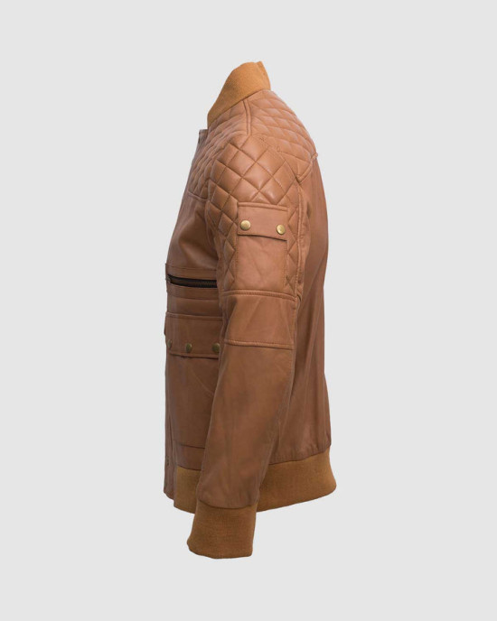 Tan Quilted Bomber Leather Jacket for Men - Abbronzatura Tan Quilted Bomber Leather Jacket for Men - Abbronzatura
