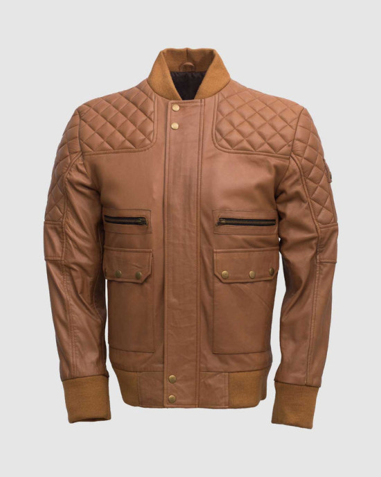 Tan Quilted Bomber Leather Jacket for Men - Abbronzatura Tan Quilted Bomber Leather Jacket for Men - Abbronzatura