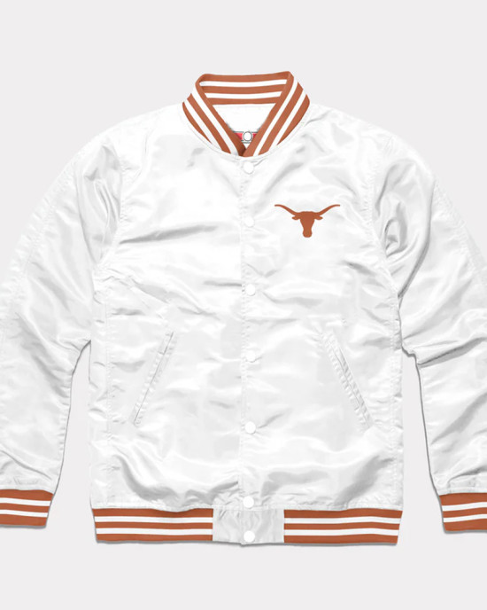 Texas Longhorns White Varsity Satin Jacket Texas Longhorns White Varsity Satin Jacket