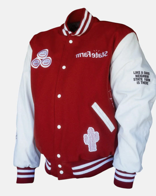 Travis Scott State Farm Burgundy and White Varsity Jacket