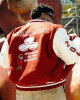 Travis Scott State Farm Burgundy and White Varsity Jacket