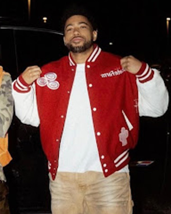 Travis Scott State Farm Burgundy and White Varsity Jacket