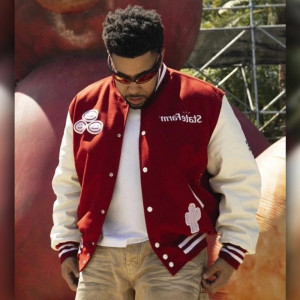 Travis Scott State Farm Burgundy and White Varsity Jacket