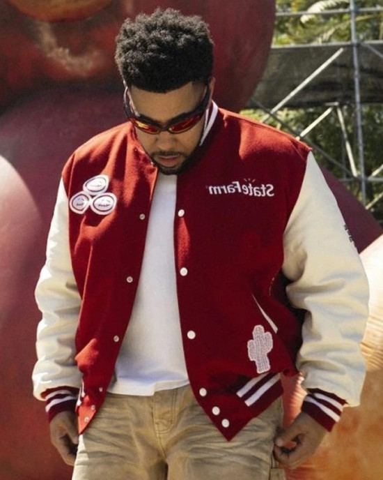 Travis Scott State Farm Burgundy and White Varsity Jacket