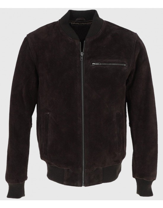 Trevor Mens Dark Brown Bomber Suede Leather Jacket