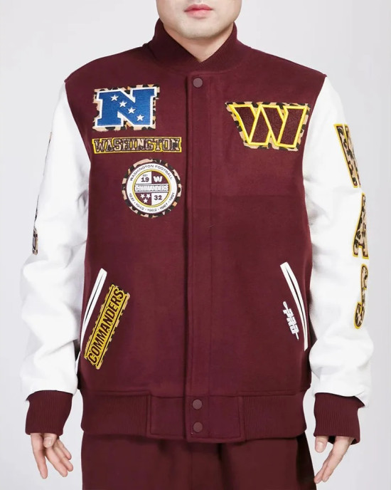 Washington Commanders Animal Patches Wine Varsity Jacket Washington Commanders Animal Patches Wine Varsity Jacket