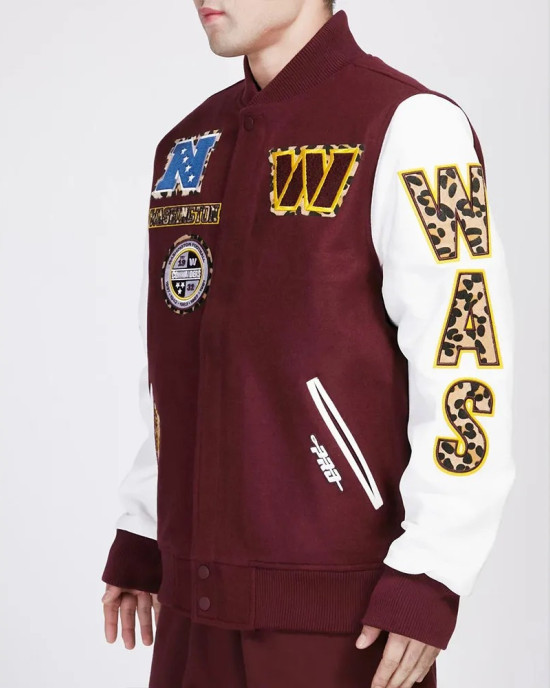 Washington Commanders Animal Patches Wine Varsity Jacket Washington Commanders Animal Patches Wine Varsity Jacket