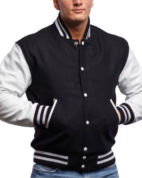 White Genuine Leather & Black Wool Varsity Letterman Jacket White Genuine Leather & Black Wool Varsity Letterman Jacket