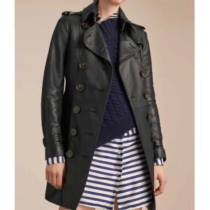 Women’s Mid-Length Double Breasted Black Leather Coat