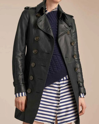 Women’s Mid-Length Double Breasted Black Leather Coat
