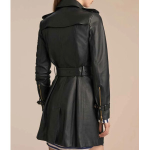 Women’s Mid-Length Double Breasted Black Leather Coat
